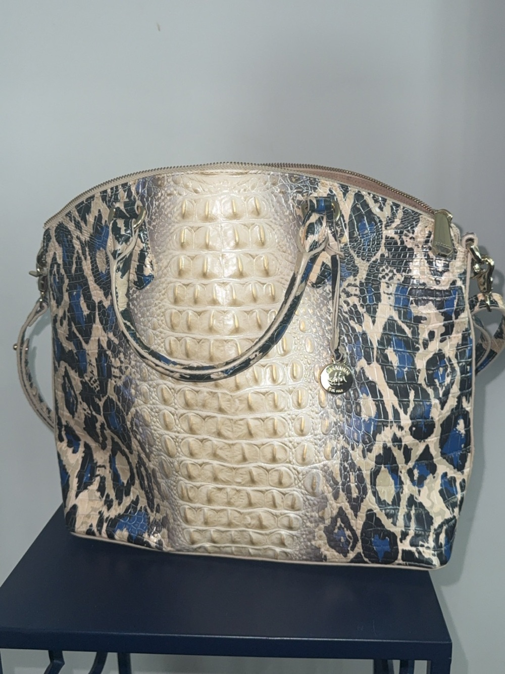 Brahmin Cream and Blue Croc-Print Dome Tote
